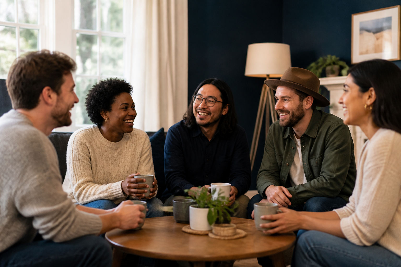 A diverse group sharing coffee and conversation together
